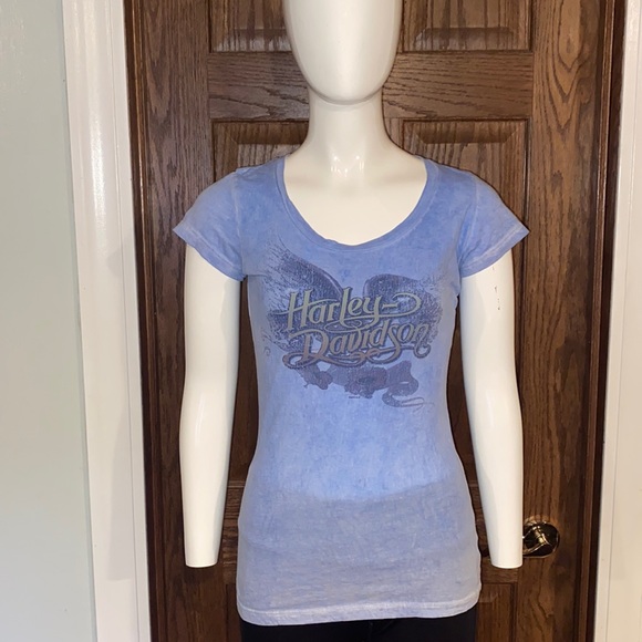 Harley Davidson Motorcycle Blue Tyi-dye Women’s Tee - Picture 1 of 8